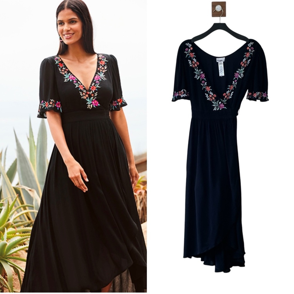 Tommy Bahama Black Boho Floral Springs Embroidered Midi Wrap Dressโ